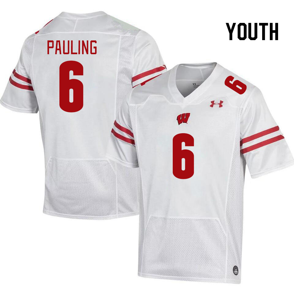 Youth #6 Will Pauling Wisconsin Badgers College Football Jerseys Stitched Sale-White - Click Image to Close